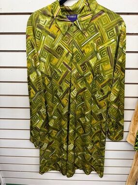 Vintage Resource Green Geometric Print Zip Front Dress Retro Mod